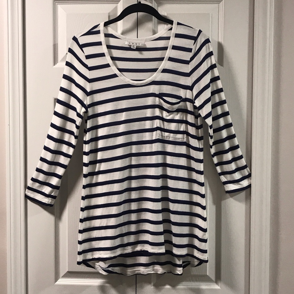 CAbi Navy and White Striped Pocketed Top
